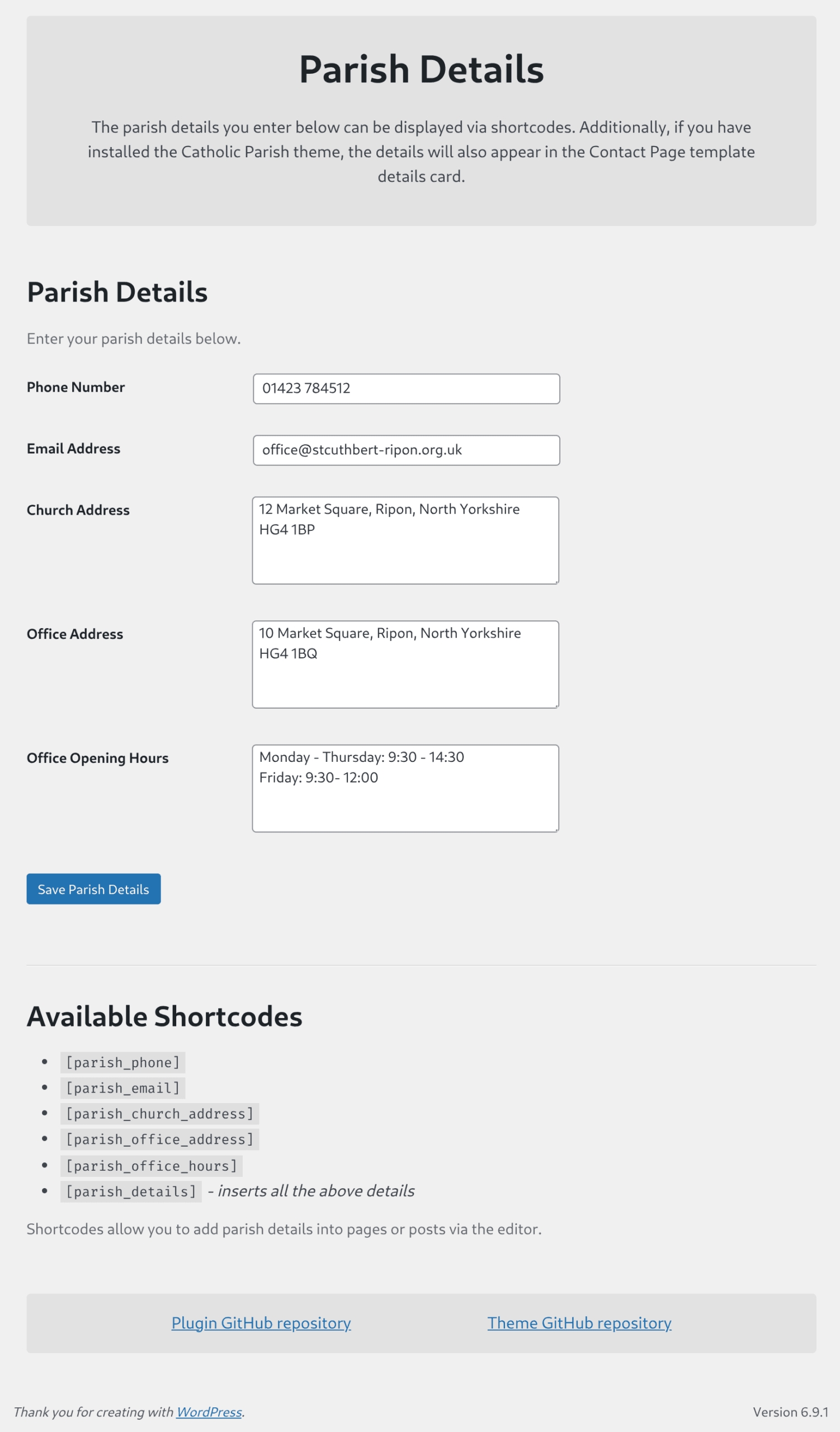 Parish Details - Custom Settings Page